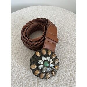 Cabi Belt Womens Medium Tan Leather Braided Chunky Buckle Stones Rock the Ranch